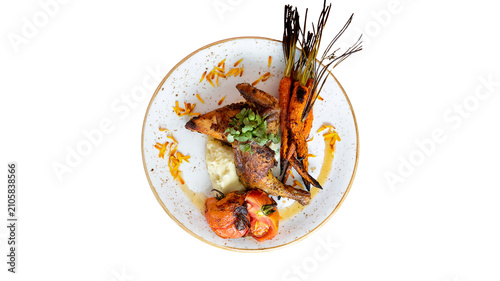 Schilderij op canvas Gourmet roasted prawns served on a plate with puree and garnish fine dining gast