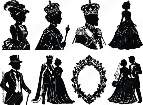 Quadro em tela Royal Family Silhouette Set - Victorian King, Queen, and Wedding Illustration