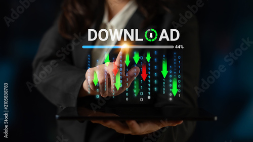 Fotografía Business professional using a tablet to initiate data download with digital progress bar showing percentage completion against a blurred background