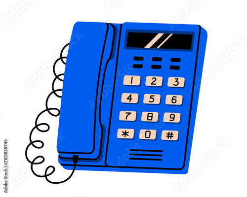 Hand drawn illustration landline phone with buttons. Flat vector wired stationary telephone with dial pad sticker doodle. Contact us or support. Isolated