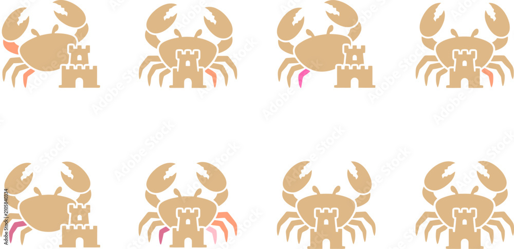 Obraz premium Minimalist Crab and Sandcastle Beach Icon Set Vector for Summer Branding, Coastal Travel Brochures & Childrens Educational Materials (EPS)