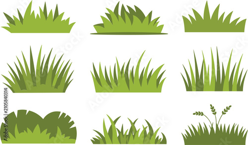 Set of green grass clumps and tufts isolated on white background natural landscape elements