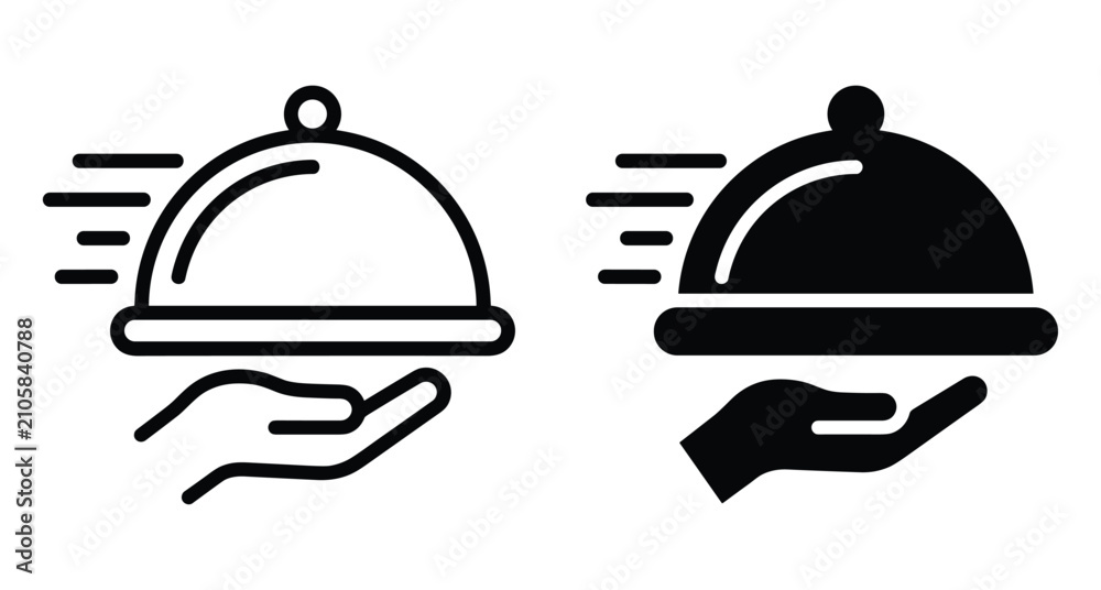 Fototapeta premium Fast food delivery service icon set showing hand holding cloche with motion lines for restaurant catering and express meal shipping