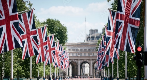 Numerous Union Jack flags line an avenue leading to a grand archway
