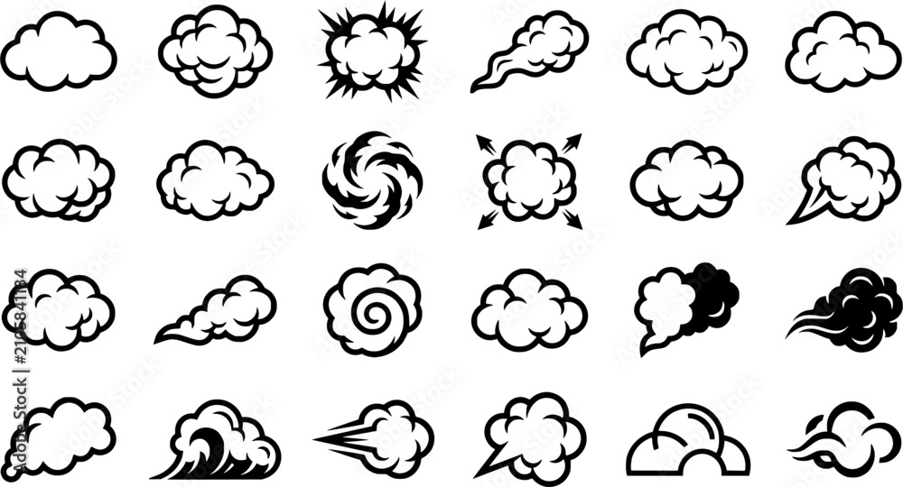 Fototapeta premium Smoke Cloud, Dust Puff and Cartoon Explosion Silhouette Icon Set with Steam, Blast and Motion Effects