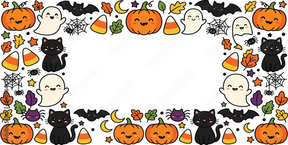 Obraz premium Cute halloween doodle border frame with pumpkins ghosts cats bats and candy corn halloween seasonal illustration template invitation decoration handdrawn background celebration trickortreat