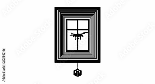 Futuristic drone hovering inside a framed window, controlled remotely