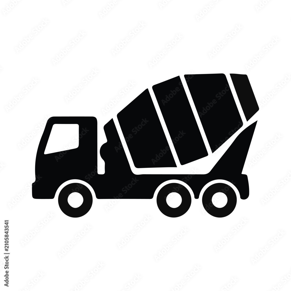 Fototapeta premium Black silhouette vector illustration of a heavy duty cement mixer truck used for commercial construction and transport