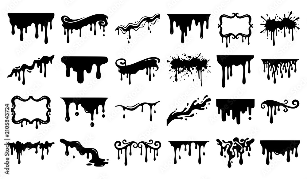 Obraz premium Black Paint Drip Silhouette Collection with Ink Splash Liquid Stain and Grunge Design Elements