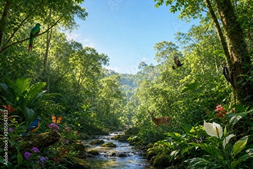 Serene forest landscape with wildlife and flowing stream