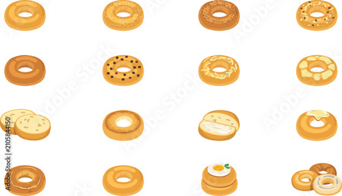 Assorted bagel vector icon set featuring plain, seeded, and topped varieties with breakfast serving options