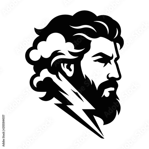 Bearded thunder god profile with a lightning bolt