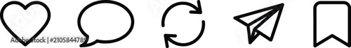Social media engagement icons featuring like, comment, repost, share, and save symbols for apps, websites, and editable vector interfaces.