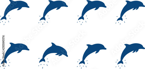 Blue Jumping Dolphin Silhouette Vector Icon Set for Marine Conservation Projects, Educational Materials & Summer Vacation Branding (EPS)