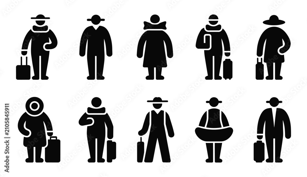 Obraz premium Traveler silhouette icon set holding luggage wearing warm winter coat