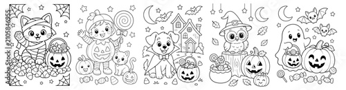Halloween coloring pages for kids, cute spooky characters set with pumpkins and ghosts, 5 black and white vector illustrations for children activity