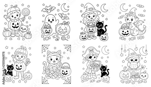 Halloween coloring pages for kids, set of 8 cute spooky line art illustrations, kawaii pumpkin and ghost characters, children activity book vector