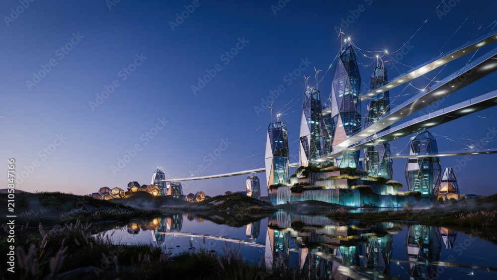 Obraz premium Stunning futuristic city architecture with glowing elevated walkways at dusk time