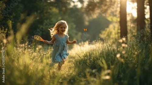 Happy little girl running through sunlit meadow, joyful child playing in golden hour forest, carefree childhood summer lifestyle in nature