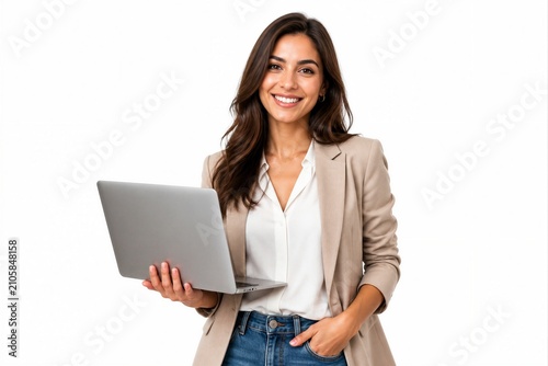 A woman stands with a laptop in one hand and a hand in her pocket. She is wearing a blouse and a blazer. She looks happy and confident in this moment.