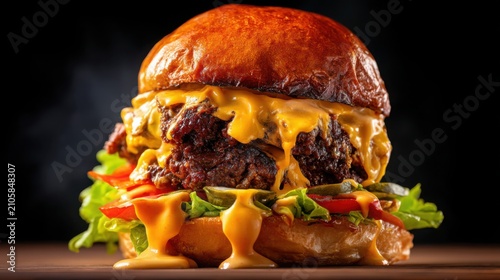premium double smash burger with crispy caramelized patties, melted cheddar cheese, glossy brioche bun, fresh lettuce, tomato, pickles, signature