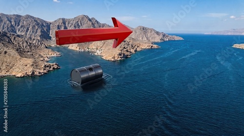 Crude oil barrel floating in sea water with red directional arrow near rocky Strait of Hormuz coast