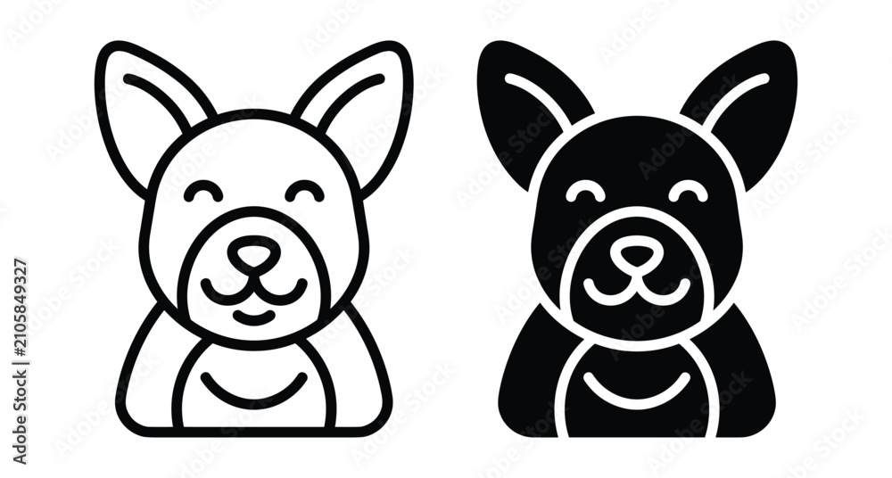 Obraz premium Cute puppy dog head icon set featuring outline and solid black flat vector illustrations for pet shop branding and animal logos