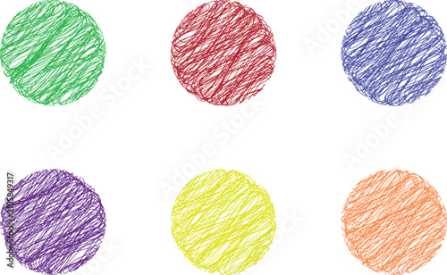 Scribble circle vector set, hand drawn colorful round shapes, 6 sketch ink ball elements, artistic crayon texture circles for creative design