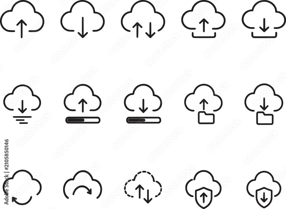Obraz premium Cloud Upload & Download Icon Set – File Transfer, Cloud Storage, Data Sync and Backup