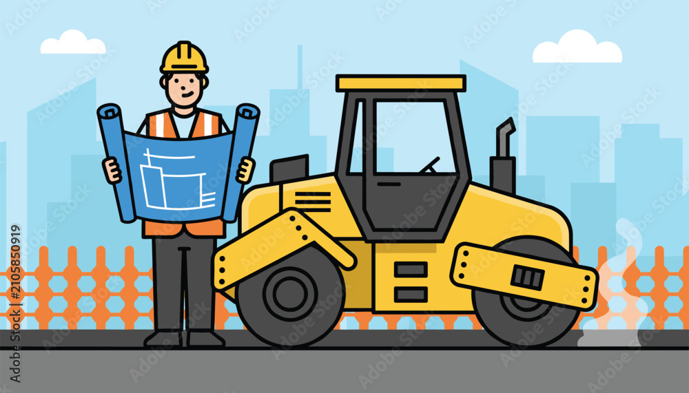 Naklejka premium Professional civil engineer in a safety helmet holds construction plans next to a heavy yellow road roller vehicle.