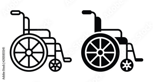 Wheelchair icon set with outline and solid black styles for medical accessibility disability mobility aid equipment hospital patient transportation design