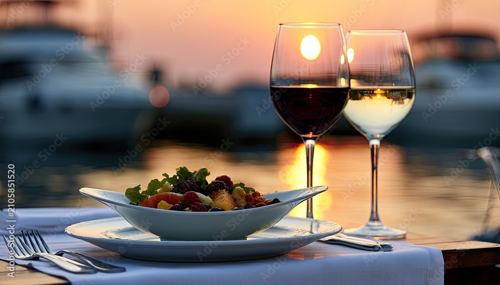 Naklejka premium A romantic sunset dinner with fresh salad and wine by the water