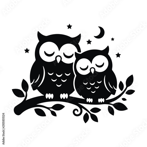 Two sleeping owls on leafy branch beneath moon