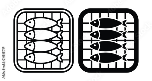 Sardine tin icon set showing four fish on a grill or inside a canned food container for seafood restaurant branding