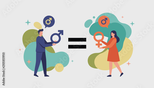 Concept of gender equality featuring a man and a woman holding male and female symbols on both sides of a large equals sign.