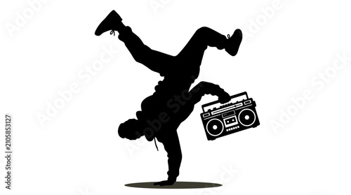 фотографія Breakdancer Silhouette With Boombox Against White Background