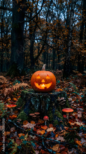 Enchanting halloween pumpkin scene jack o' lantern in a spooky autumn forest