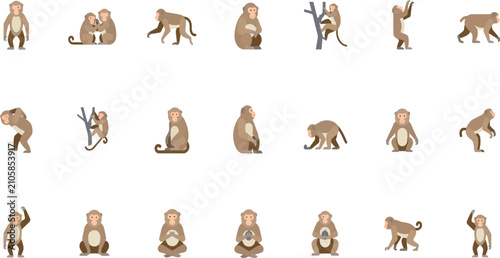 Collection of various monkey characters in different poses and activities in a minimal flat vector design