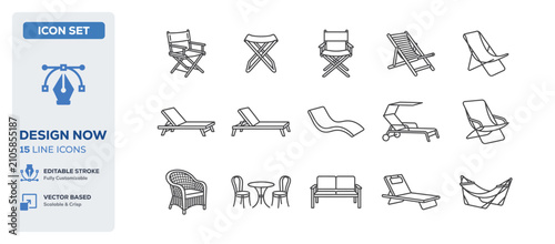 flat vector illustration line art icon bundle set design covering folding beach chairs outdoor summer sunbeds comfortable pool lounges and holiday trip relaxing seats UI