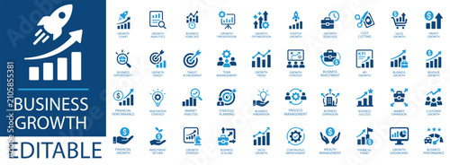 Business growth icons set, vector illustration collection of professional symbols for business development, financial success, strategic planning, and corporate management