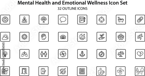 Foto Mental health and emotional wellness icon set, 32 outline icons for psychology a