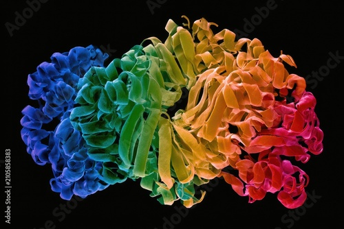 Colorful helical molecular structure against a black background