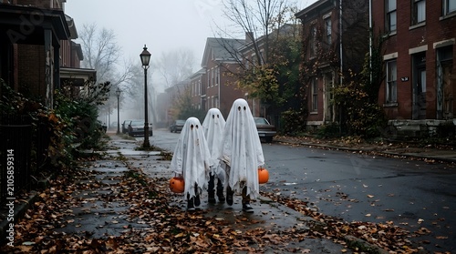 Halloween trick or treaters four children dressed as ghosts walk down a foggy residential street