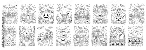 Halloween coloring book pages set, 16 spooky line art illustrations with pumpkins and ghosts, cute autumn holiday vector collection for kids