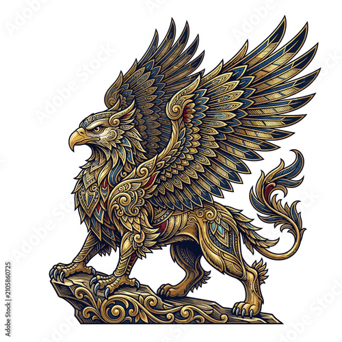 Ornate golden griffin mythical creature illustration.