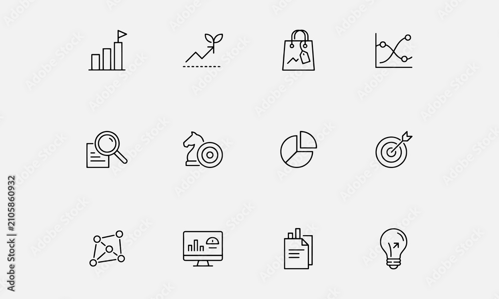 Fototapeta premium Market Analysis icon set. Containing market, growth, sales, trends, market, research