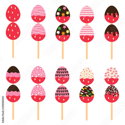 Strawberry on a stick flat set. Vector illustration.