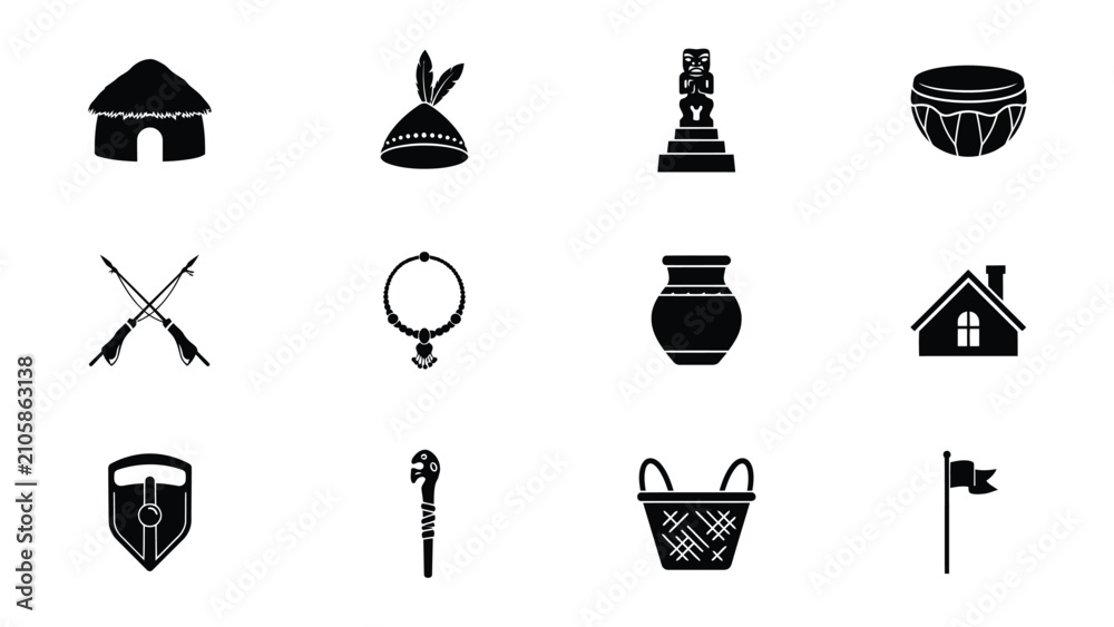 Naklejka premium Black with displays minimalist black white icon collection featuring traditional cultural symbols architectural elements arranged grid layout