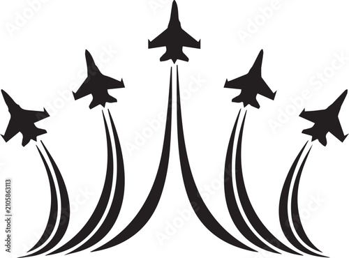 Five black fighter jets flying in formation with smoke trails Vector, illustration