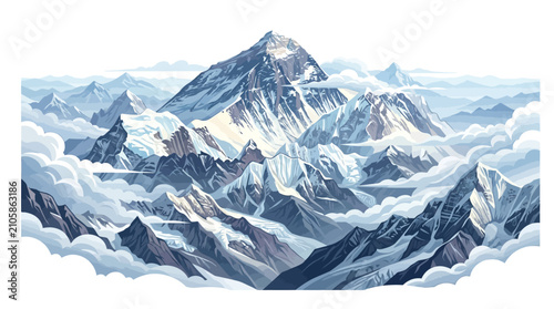 Majestic snow-capped Mount Everest summit viewed from above, surrounded by clouds, representing a challenging mountain climb and global achievement in a majestic panorama